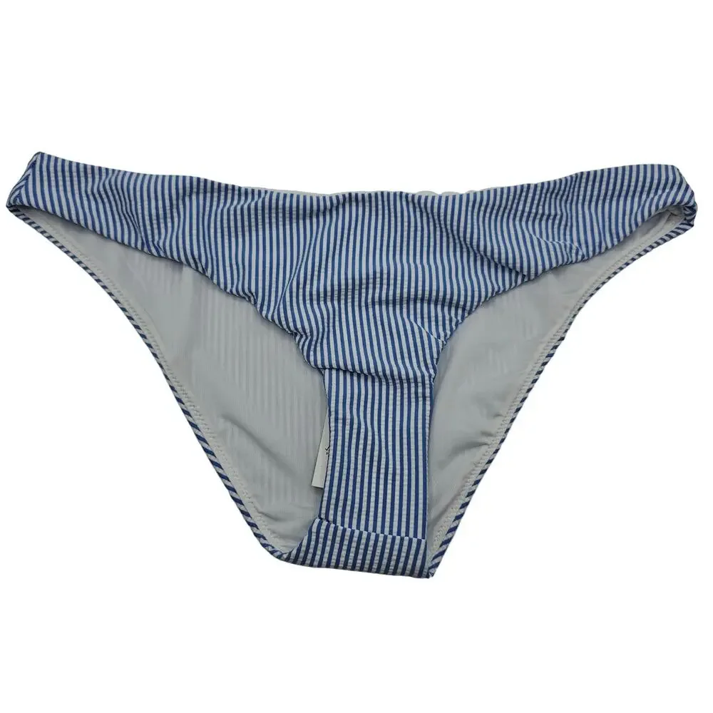 J. Crew Womans size L Hipster Ribbed Bikini Bottom in Seersucker Blue White NEW